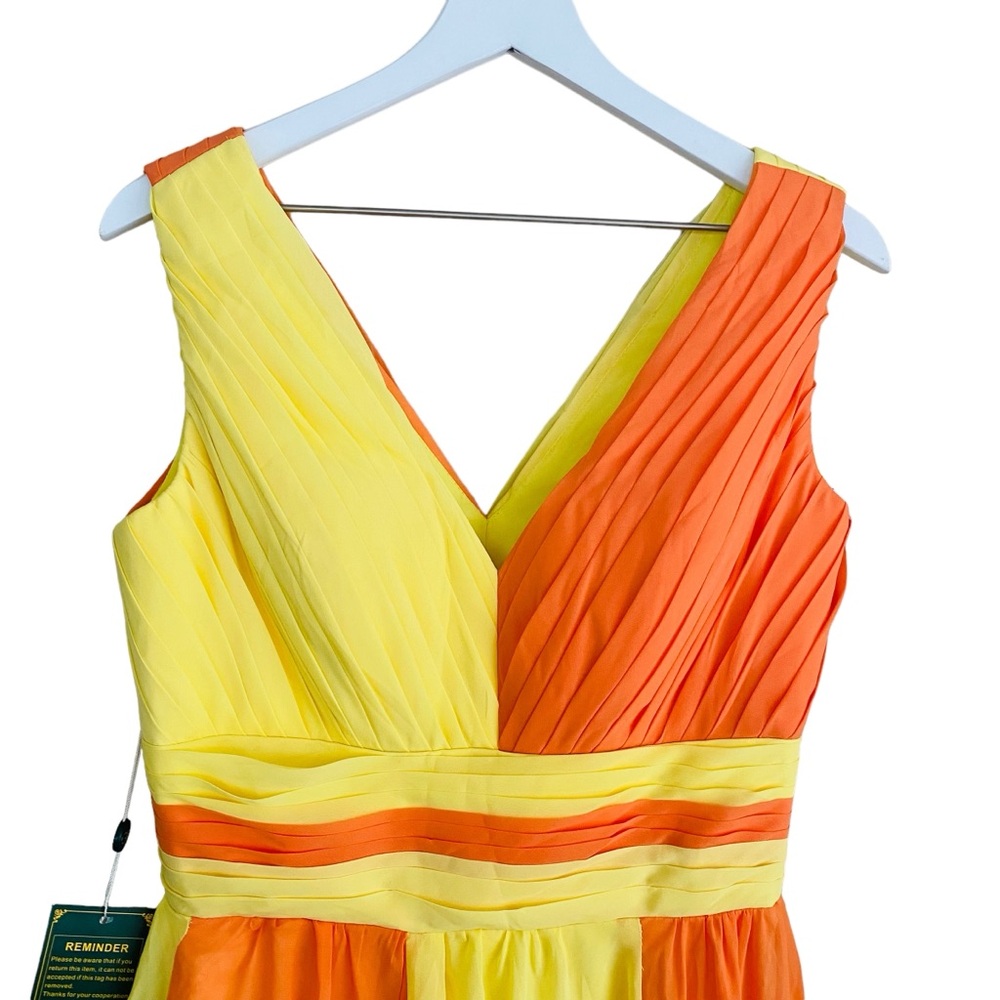 Grace Karin NWT Yellow & Coral Orange Color Block Pleated Maxi Dress Size Size 8 - Picture 4 of 9